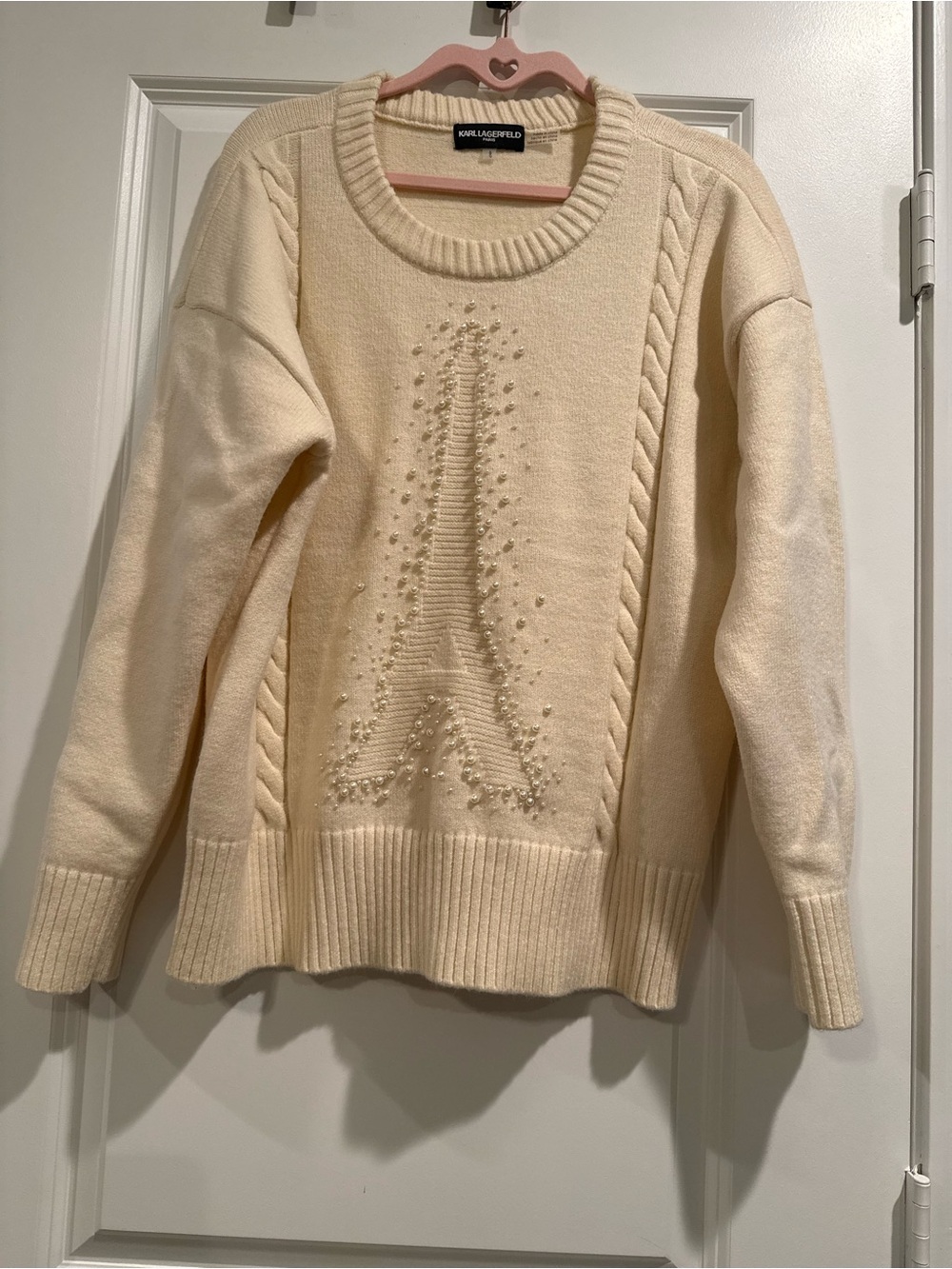 Karl Lagerfeld Cream Cable Knit Crew Sweater with Pearl Eiffel Motif